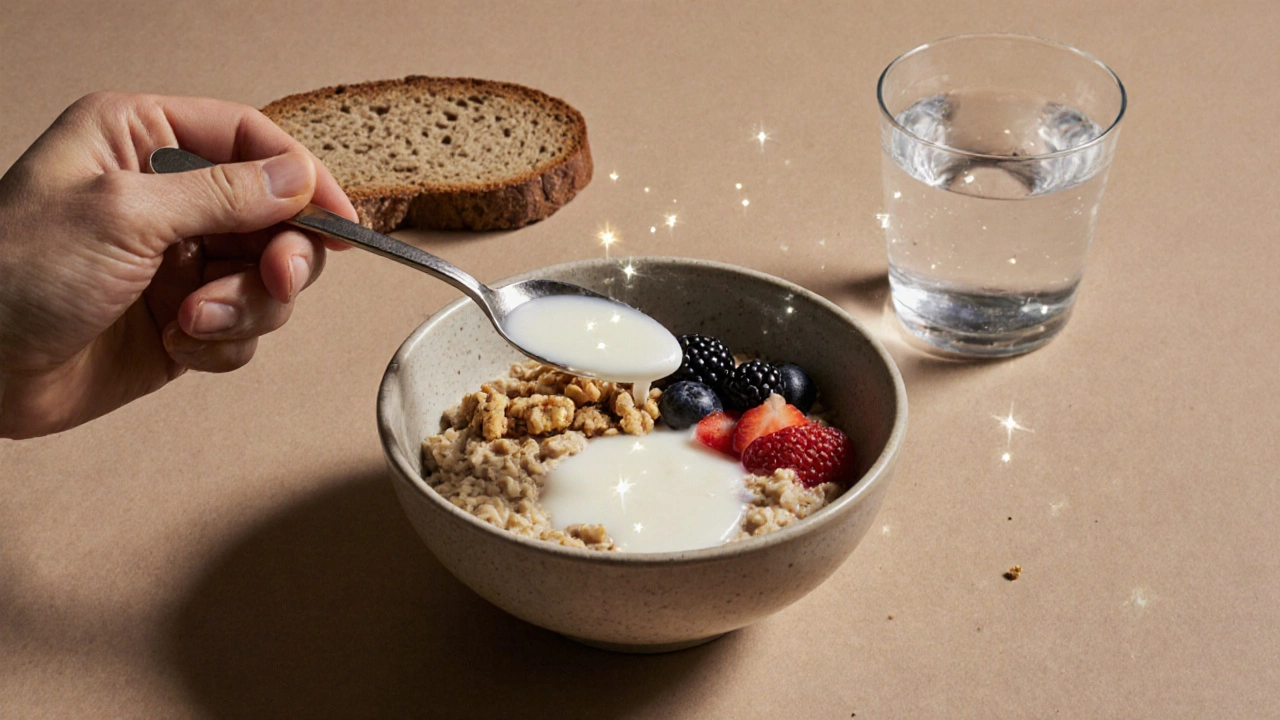 Чашка овсянки с ягодами, грецкими орехами и кефиром, рядом — цельнозерновой хлеб и стакан воды.