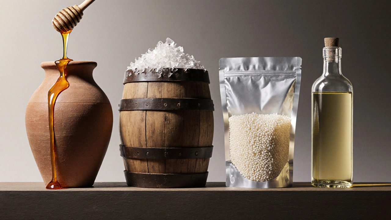 Хронология продуктов с длительным сроком хранения: мед, соль, рис и кокосовое масло через века.