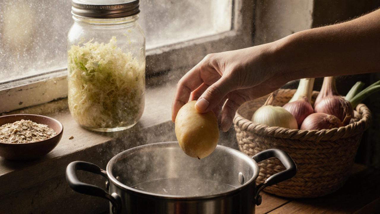Рука кладет картофель в кастрюлю, на фоне банки с квашеной капустой и миски овсянки.