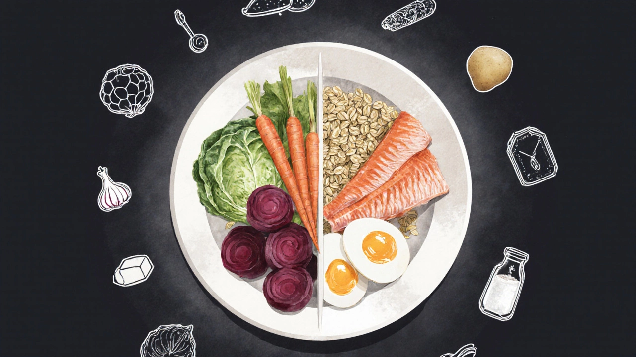 Сбалансированная тарелка с овощами, рыбой и крупами, символизирующая здоровое питание без добавок.