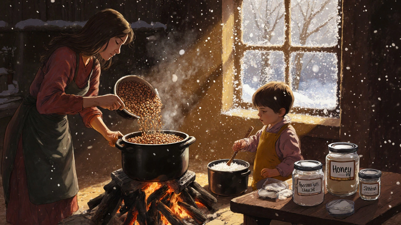 Семья готовит еду на костре, рядом — герметичные контейнеры с продуктами длительного хранения.