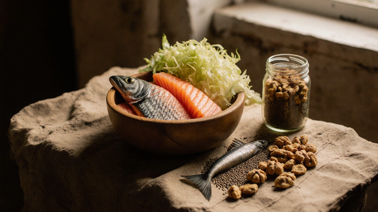 Жирная рыба, орехи и семена с квашеной капустой на деревянной поверхности, символизирующие здоровье мозга и микробиома.