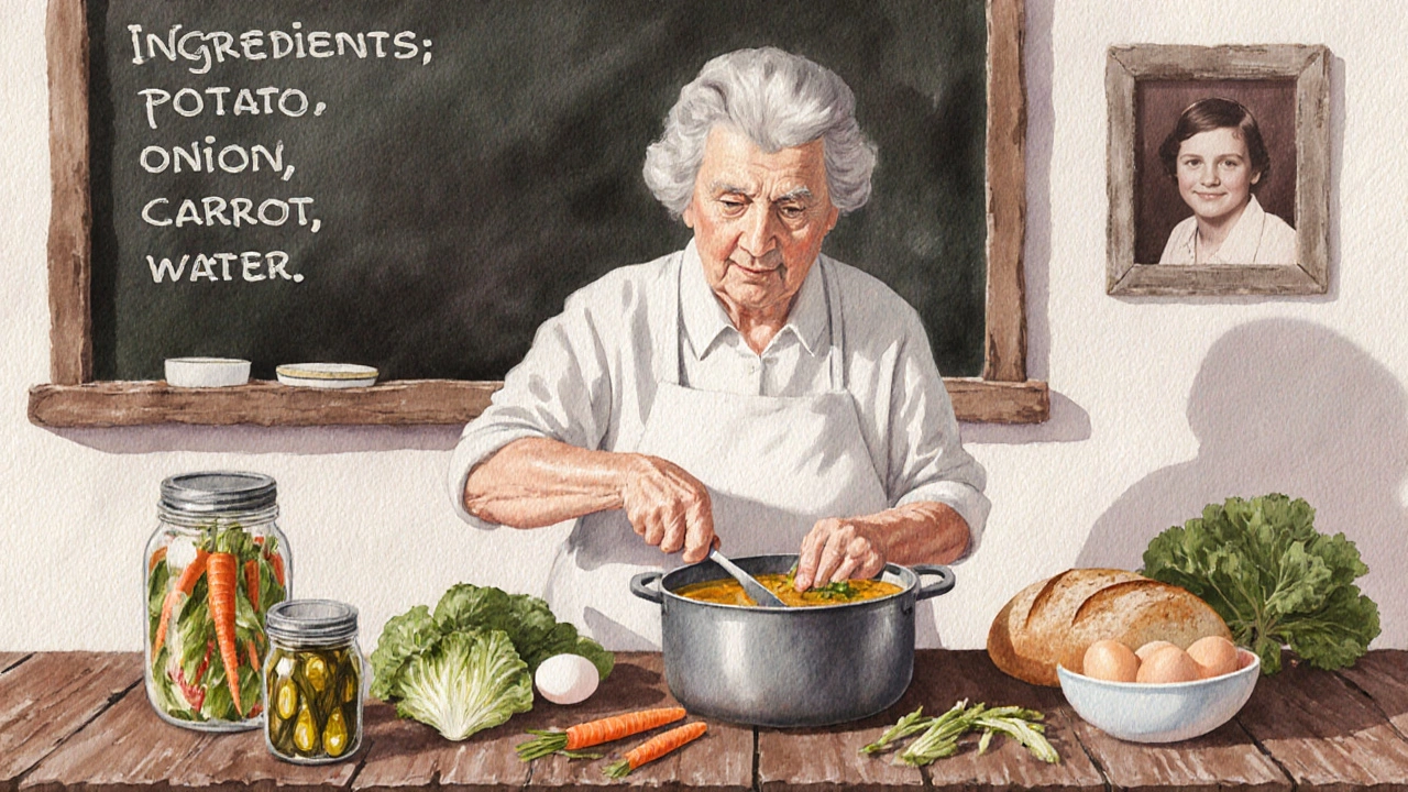 Бабушка готовит суп из овощей на кухне с деревянной доской и домашним хлебом