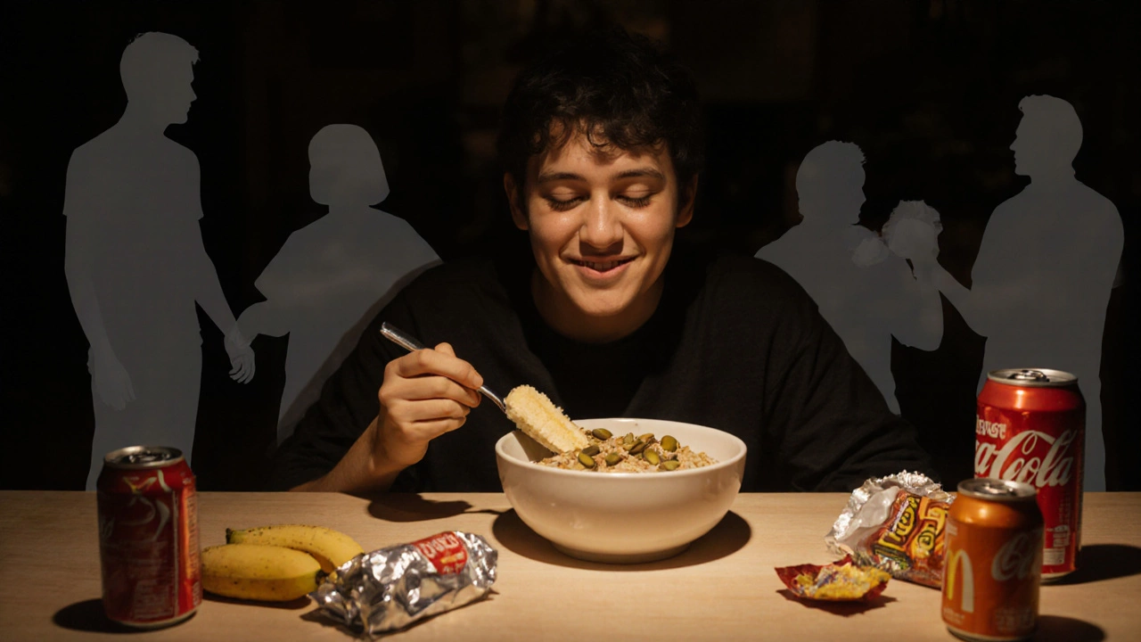Человек ест овсянку с бананом, а вокруг исчезают силуэты фастфуда в сумерках