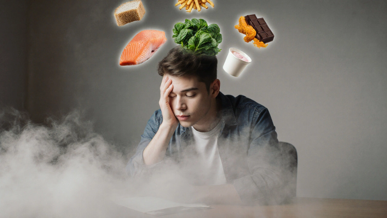 Человек с прозрачным ореолом полезных продуктов, в то время как вредные еда растворяются в дыму.