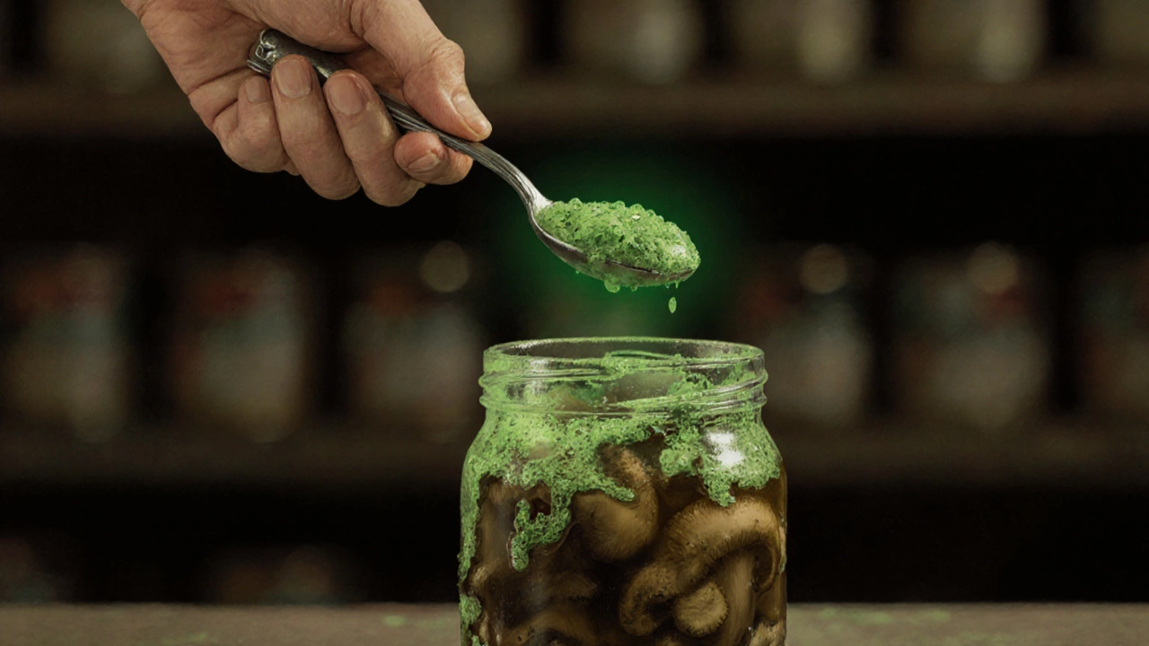 Ложка над банкой с грибами, покрытыми плесенью и пеной, символизирующая ботулизм.