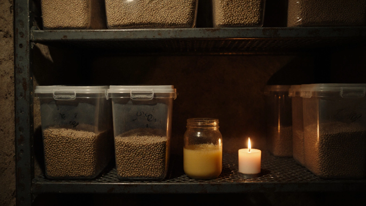 Металлическая полка в подвале с герметичными контейнерами круп и топлёным маслом.