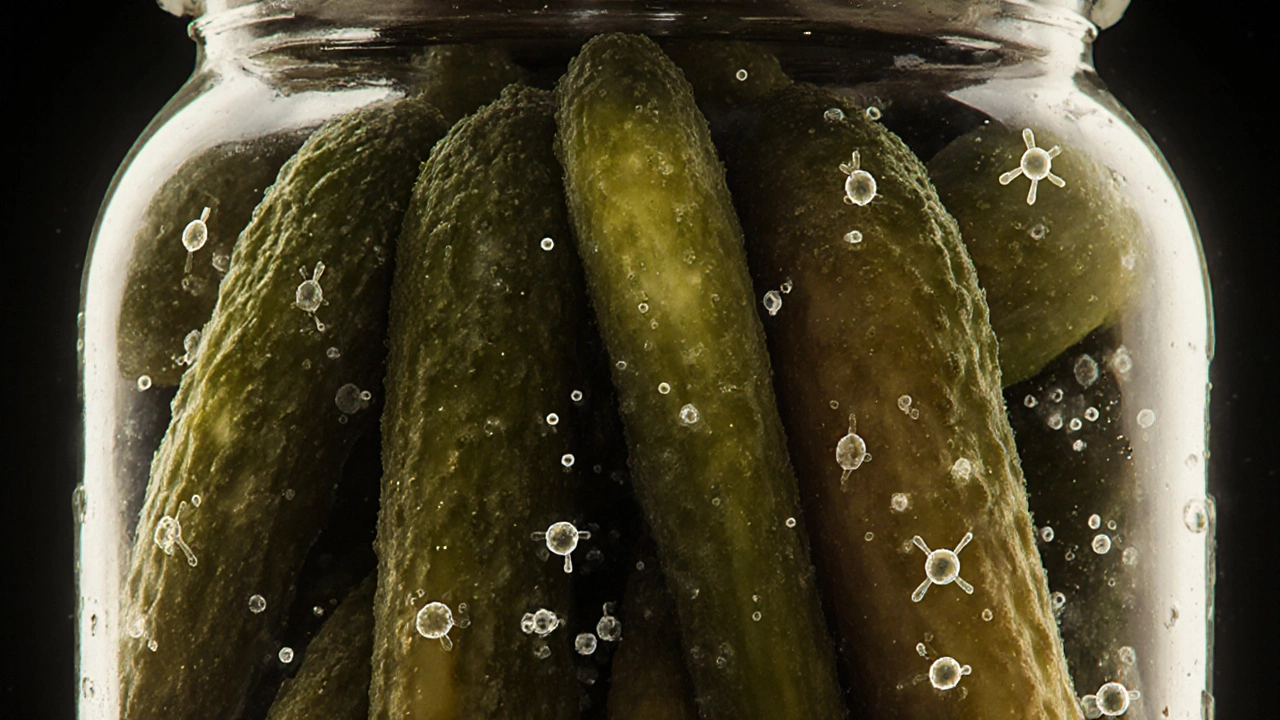 Микроскопический вид бактерий в банке, вырабатывающих токсин в тёмной влажной среде овощей.