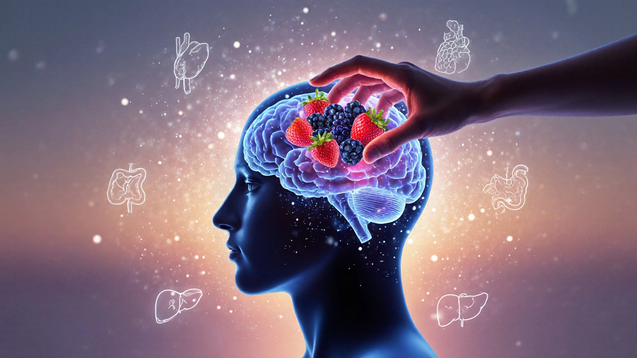 Мозг, окруженный антиоксидантами, в руке которых держат ягоды.