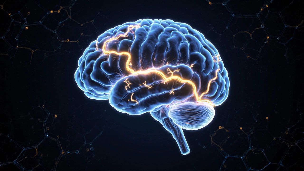 Мозг с внутренними потоками омега-3, антиоксидантов и холина, светящийся в темноте.