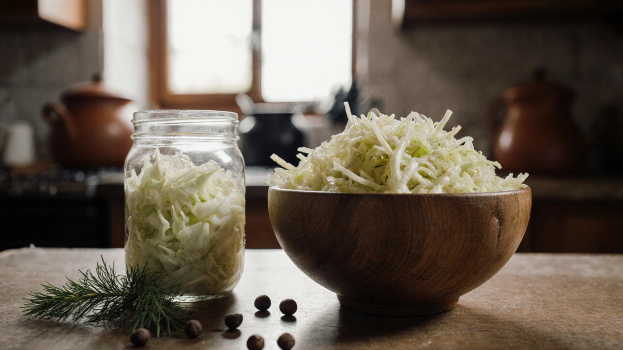 Натуральная квашеная капуста в деревянной миске