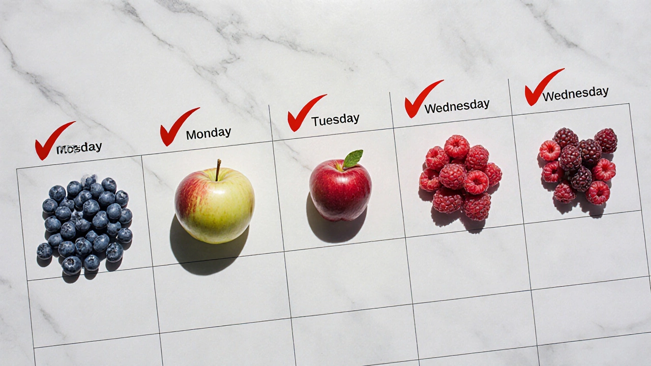 Недельный календарь с фруктами по дням, ягоды выделены галочкой.