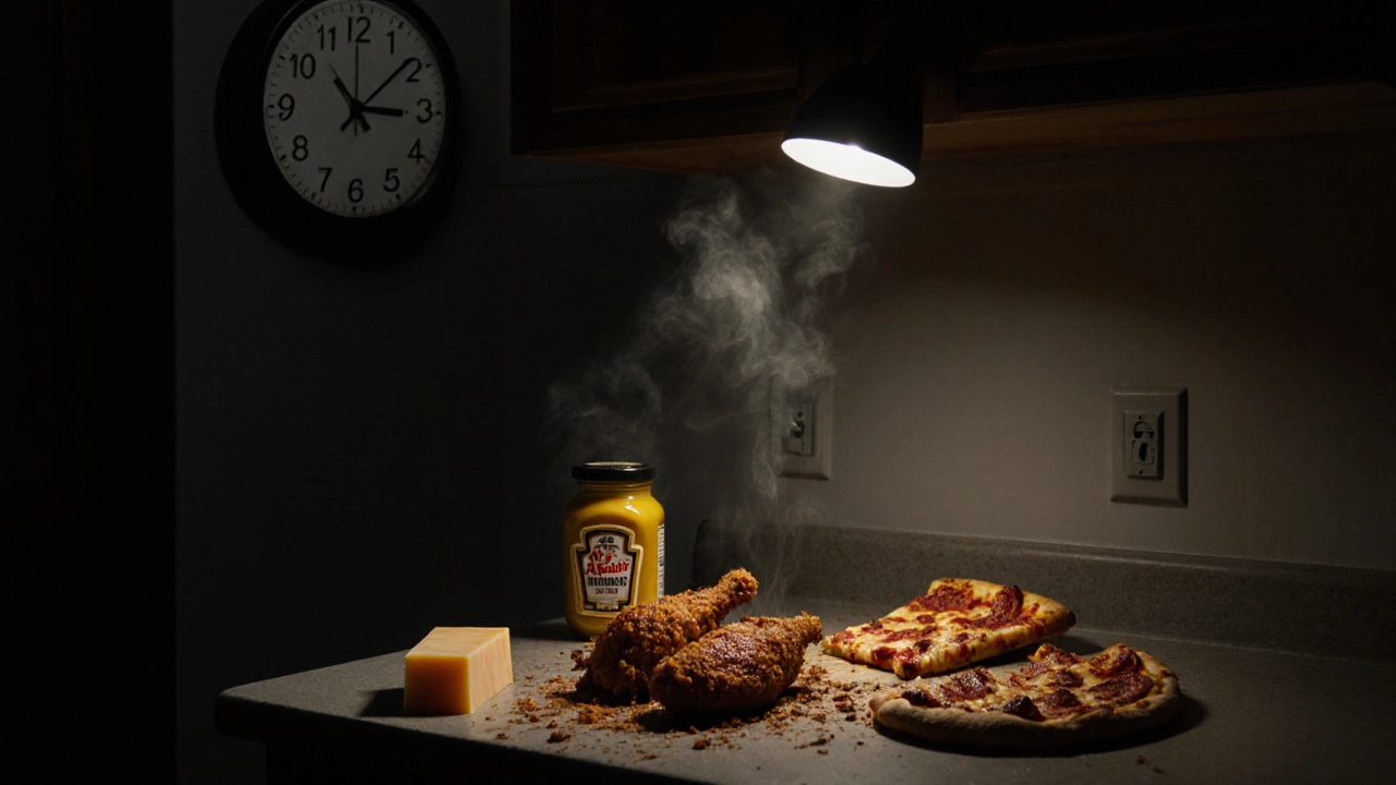 Ночная кухня с жирной едой и сыром под холодным светом лампы.