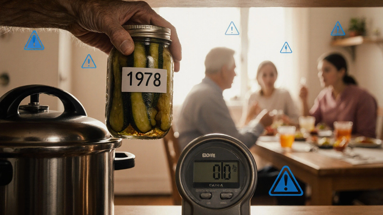 Пожилой человек берёт старую банку овощей, рядом — современные приборы для безопасной консервации.