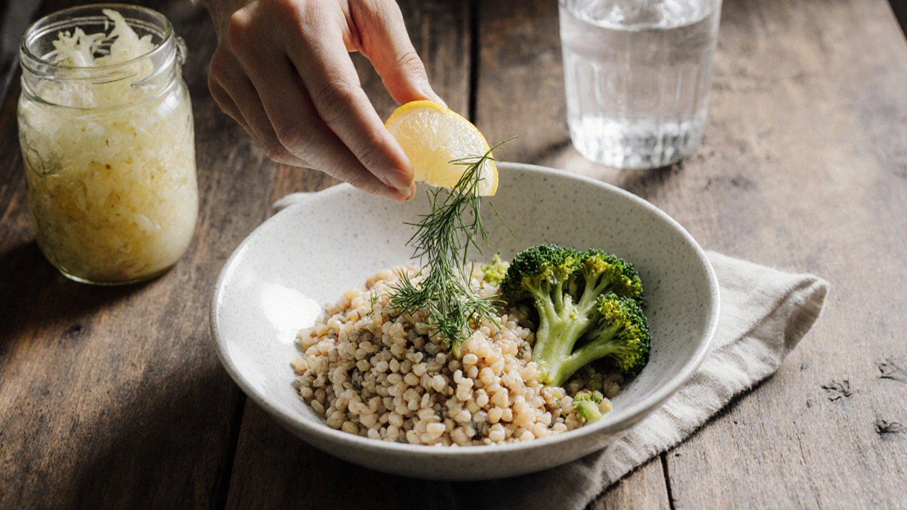 Рука добавляет укроп и лимонный сок в гречку с брокколи