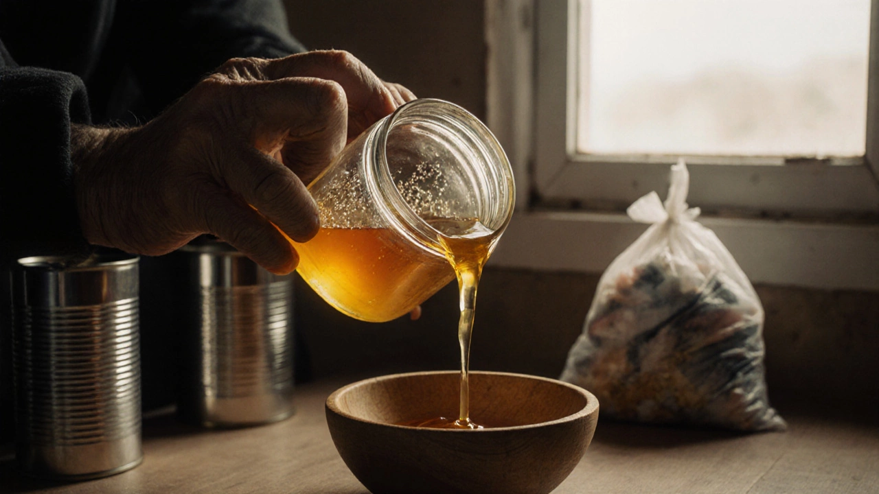 Рука льёт мёд из стеклянной банки в деревянную миску, рядом консервы и сухое молоко.