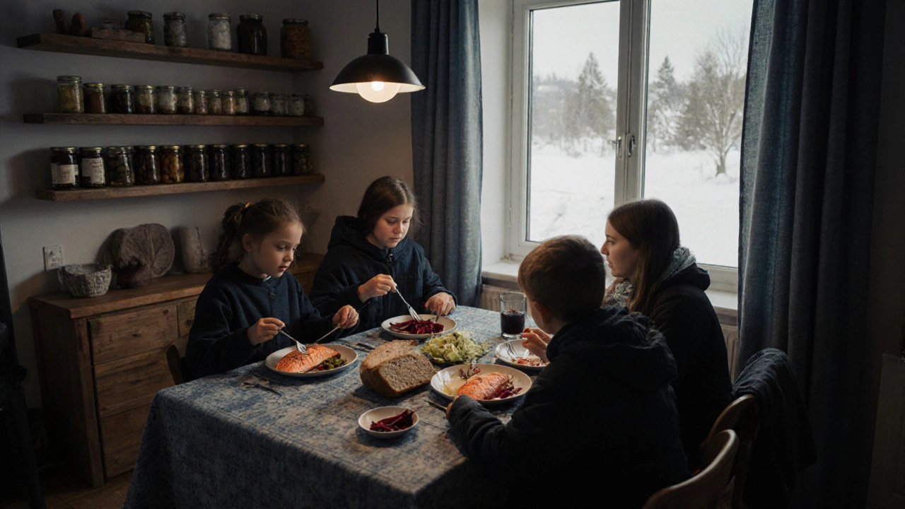 Семья в Норвегии ест лосось и квашеную капусту зимой у окна.