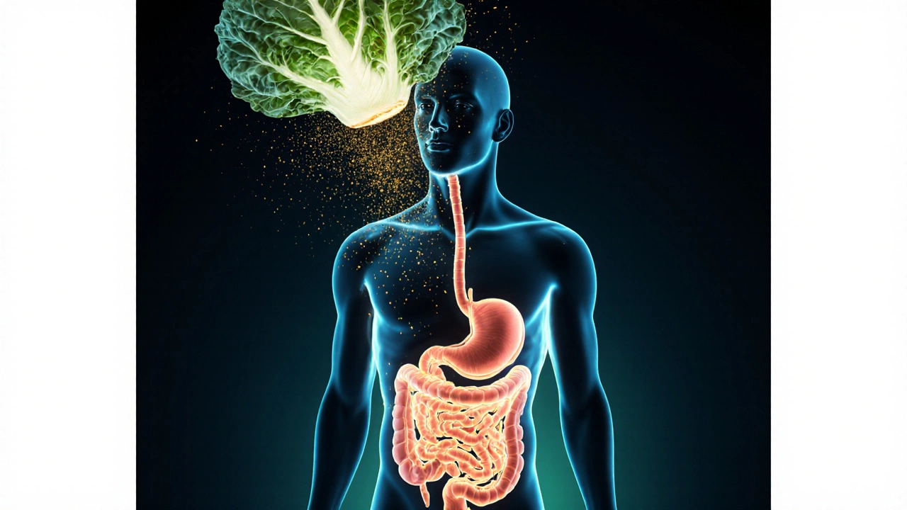 Силуэт человека с внутренними органами, озарёнными здоровьем, над которым парит лист капусты с золотыми частицами
