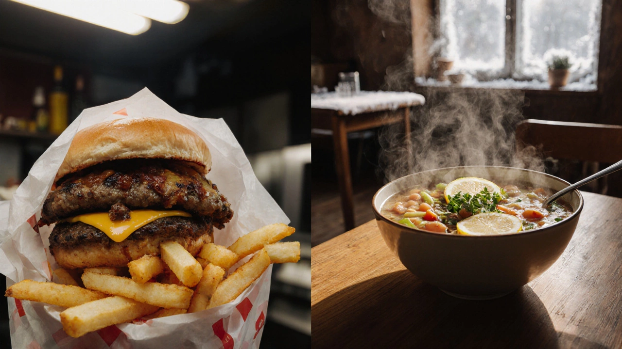 Сравнение фастфуда и овощного супа в кухне на фоне зимнего окна