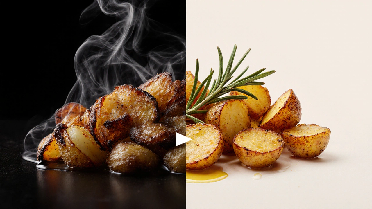 Сравнение жареного и запеченного картофеля: слева — темный и вредный, справа — золотистый и полезный.