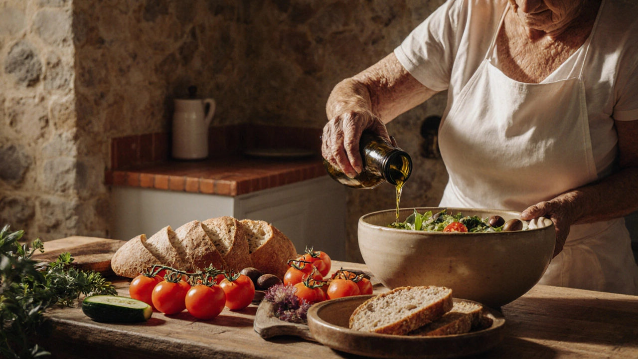 Средиземноморская трапеза с оливковым маслом, овощами и цельнозерновым хлебом.