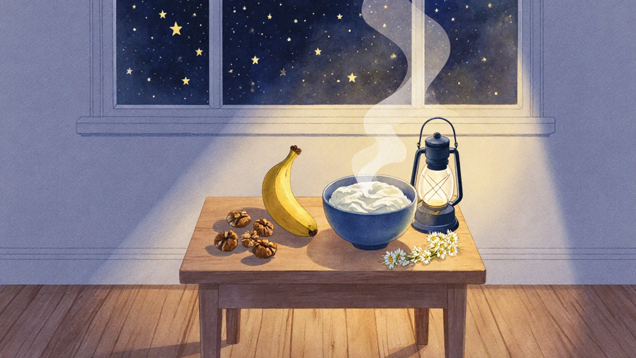 Тихий ночной перекус: творог, банан, грецкие орехи и ромашковый чай.