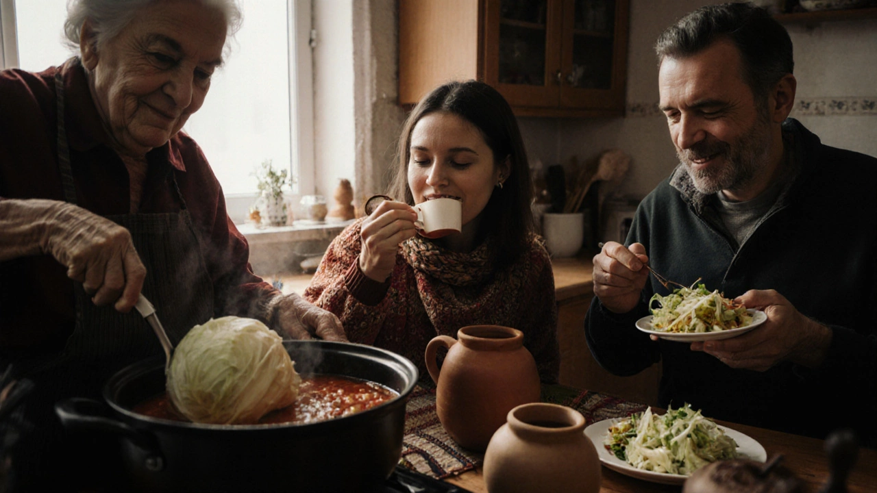 Трое людей в кухне, едят капусту: бабушка варит борщ, мама ест салат, мужчина — квашеную капусту