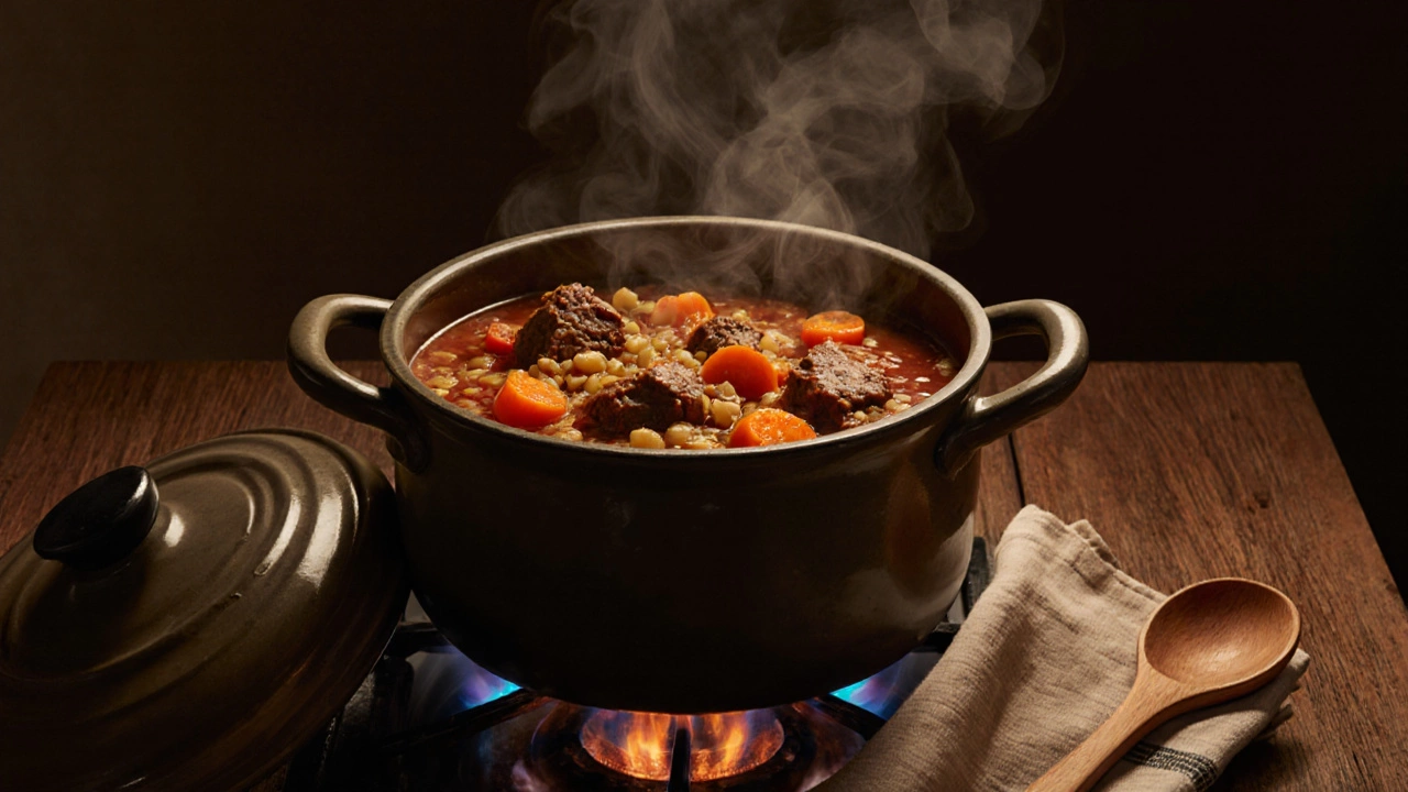 Тушеное блюдо с мясом и овощами в керамической кастрюле на медленном огне.