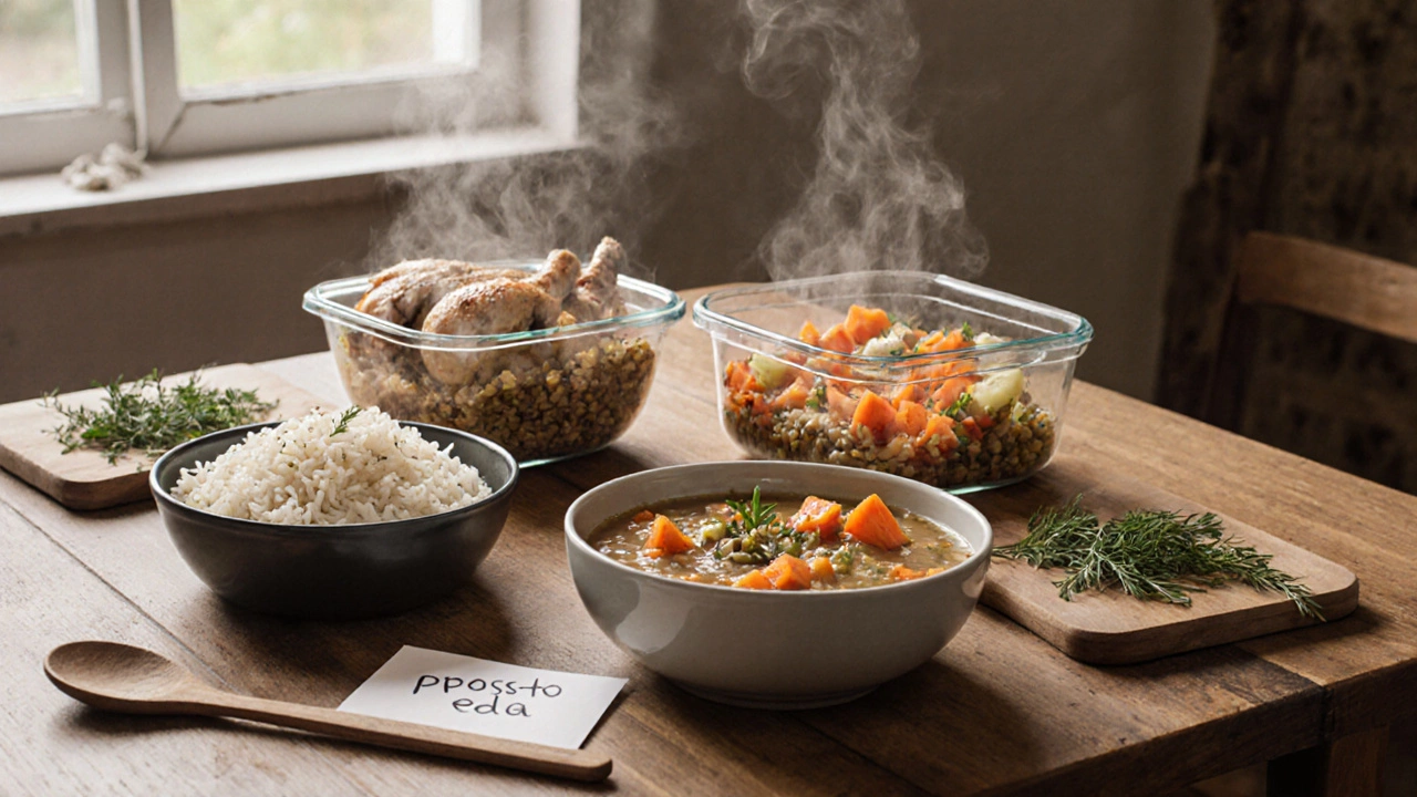 Воскресная подготовка еды: рис, курица и овощи в стеклянных контейнерах на деревянном столе