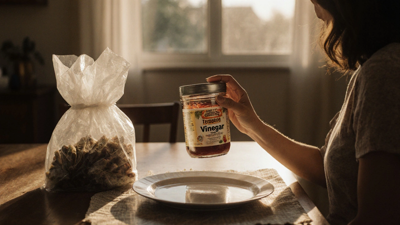 Выброшенная опасная банка в мусоре рядом с безопасно закрытой банкой на фоне семейного ужина.