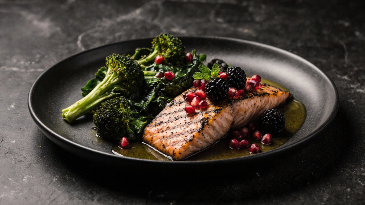 Запеченная лосось с черникой, гранатом и зеленью