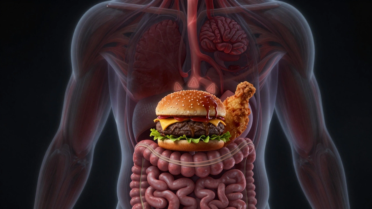 Абстрактное изображение тела с жирной едой в желудке, кровоток отведен от мозга.