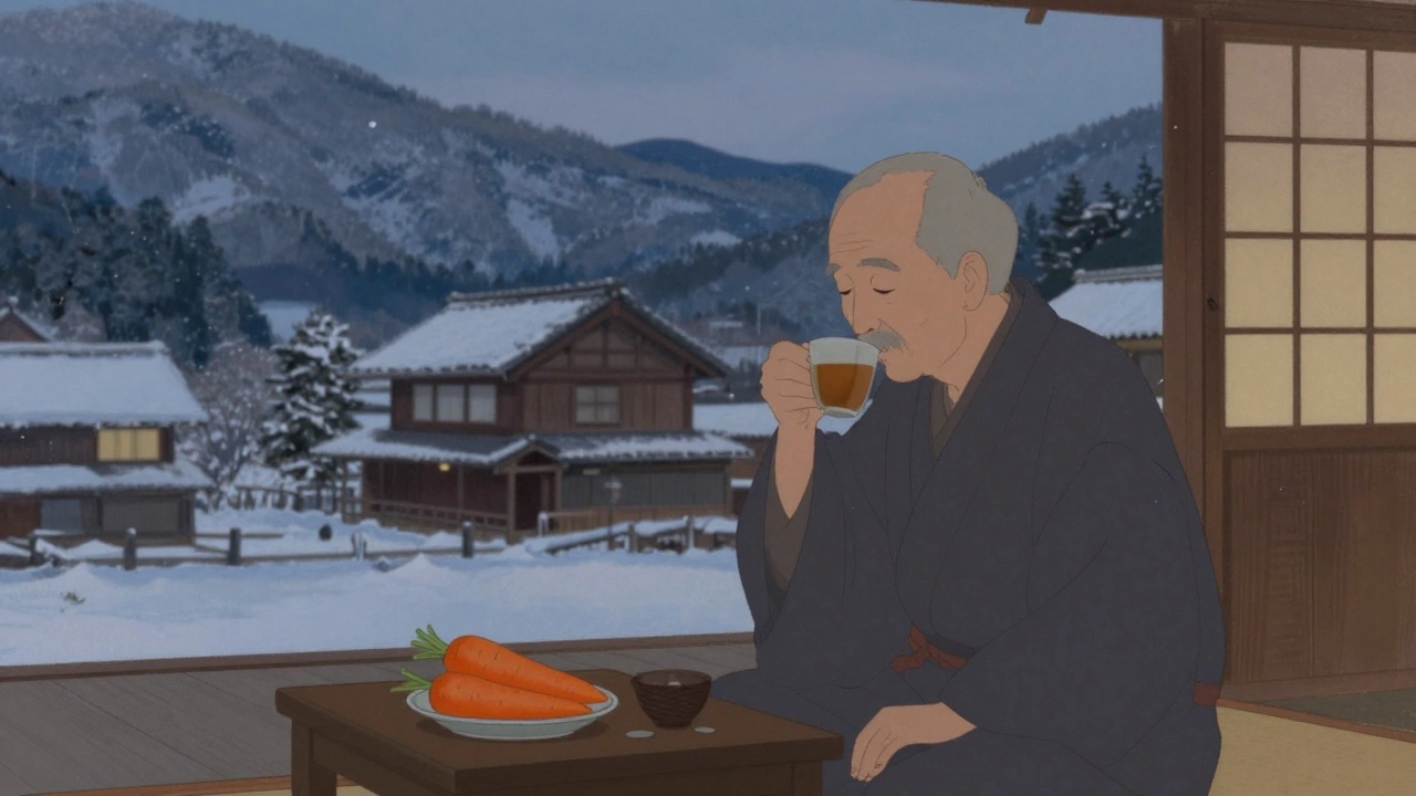 Японский пожилой человек пьёт травяной чай на закате, рядом — морковь, никакой тяжёлой еды.