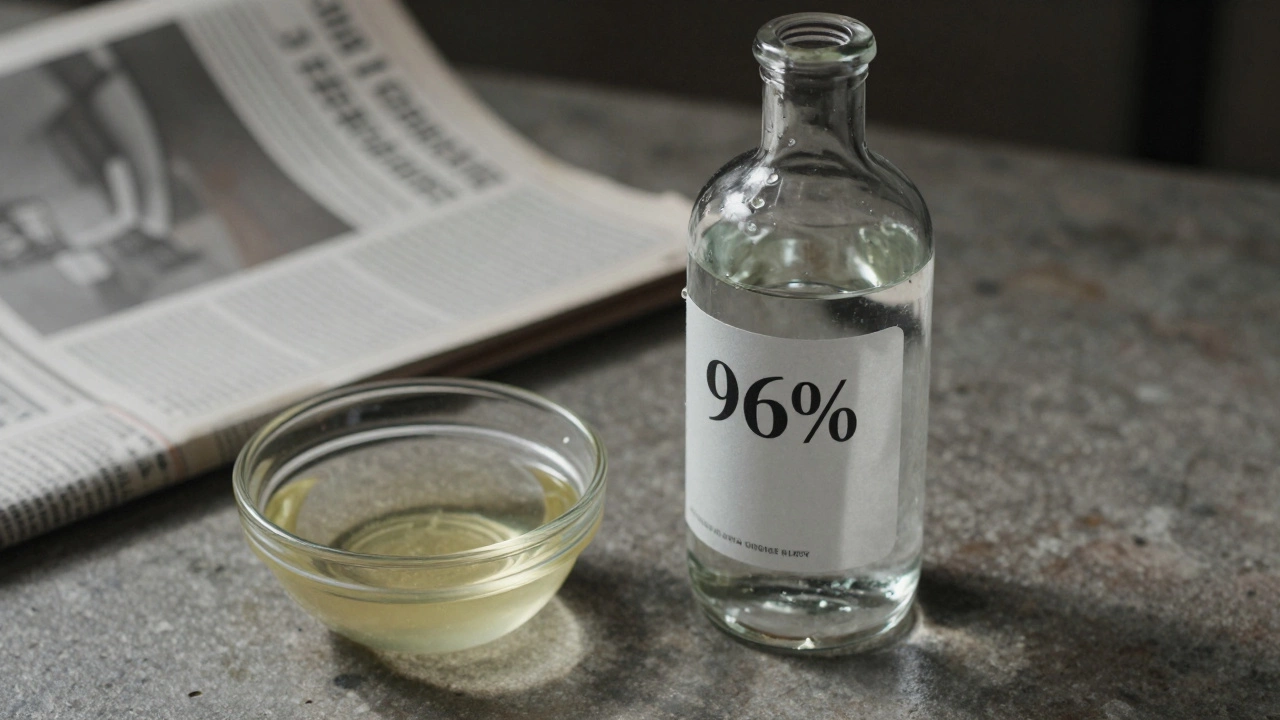 Бутылка чистого спирта и уксус с осадком на каменной поверхности.