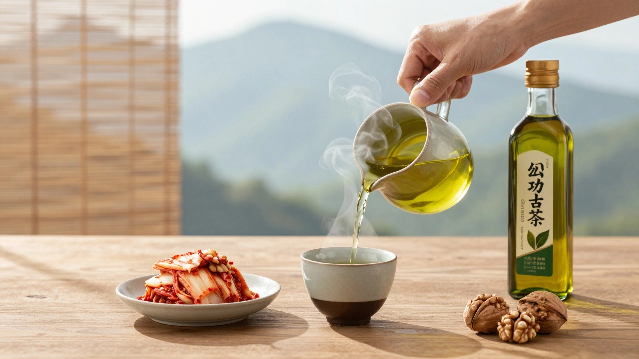 Чашка зеленого чая, орехи и квашеная капуста на деревянном столе у утреннего окна.