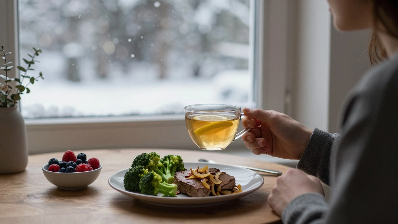 Человек пьёт чай с лимоном у окна зимой, на столе печень с брокколи и ягоды.