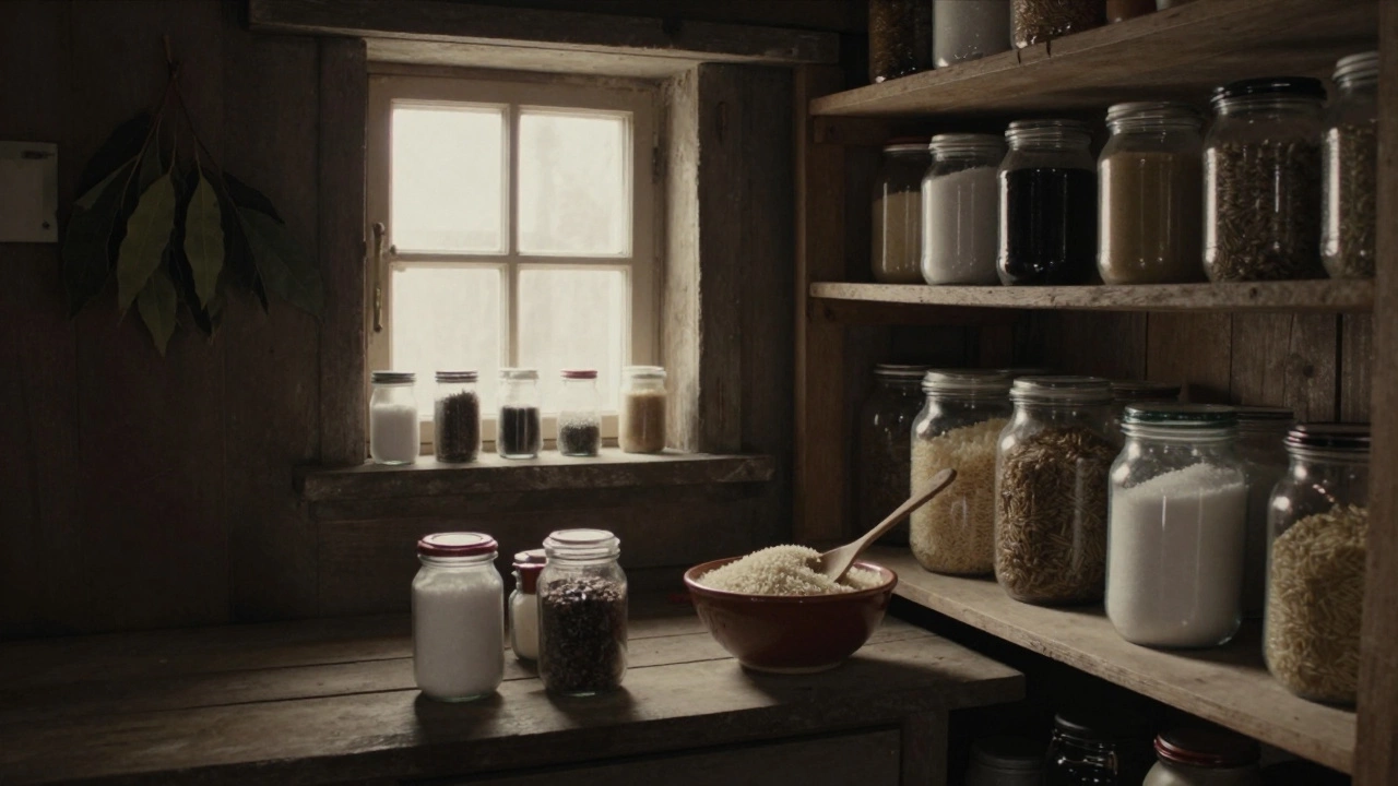 Деревенская кладовка с банками соли, сахара и риса, освещённая солнечным светом.