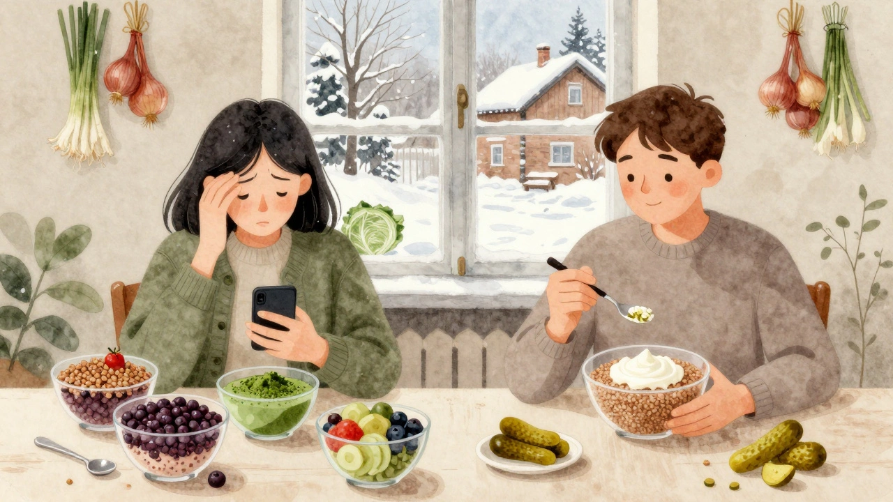 Два человека: один с дорогими суперфудами и стрессом, другой с простой едой и спокойствием — контраст в русской кухне.