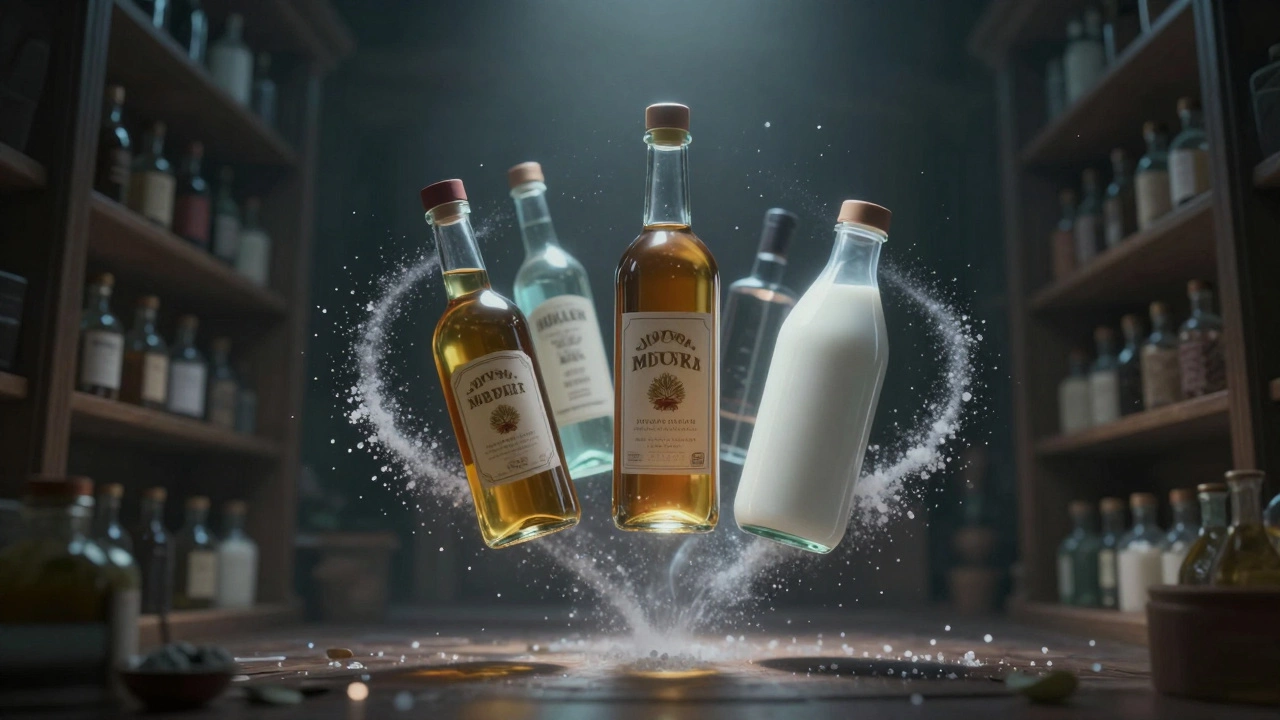 Фантастическая композиция вечных продуктов: уксус, водка и сухое молоко в воздухе.