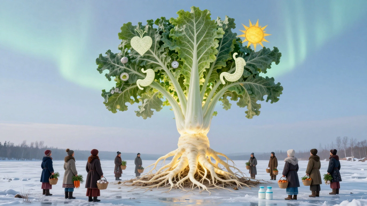 Гигантская капуста, растущая из замерзшей земли, окружённая людьми с сохранёнными овощами и кефиром — символ русской мудрости.
