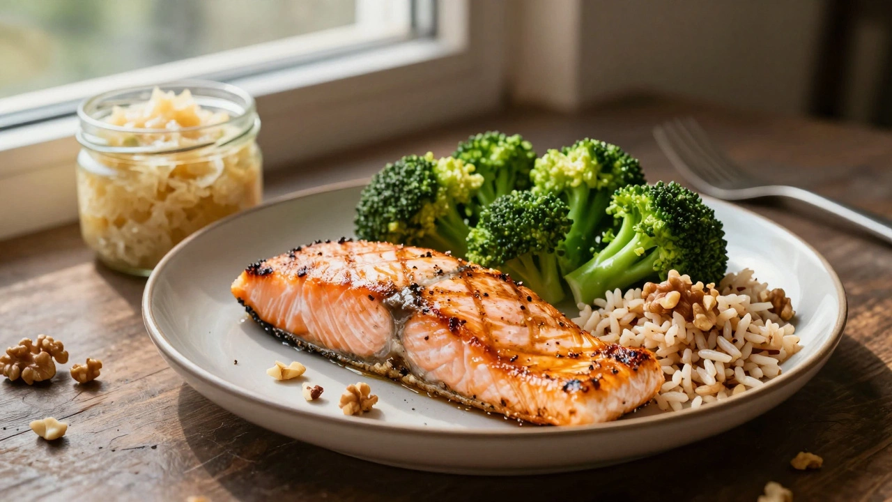 Готовый лосось с брокколи, бурым рисом и грецкими орехами, рядом квашеная капуста.