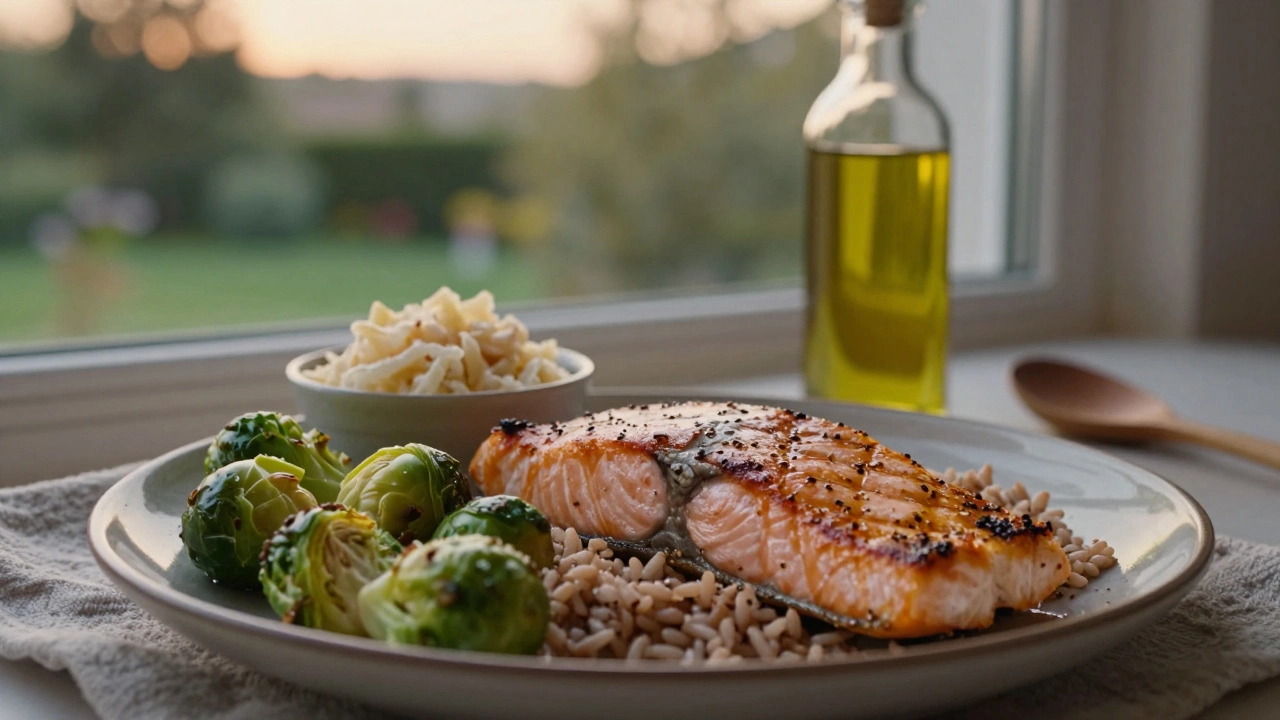 Гриль лосося с бурым рисом, брюссельской капустой и квашеной капустой на тарелке.