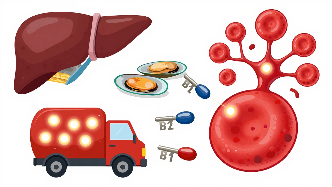 Кровяная клетка доставляет кислород к нейрону, с витамином B12 как ключом и продуктами в фоне.