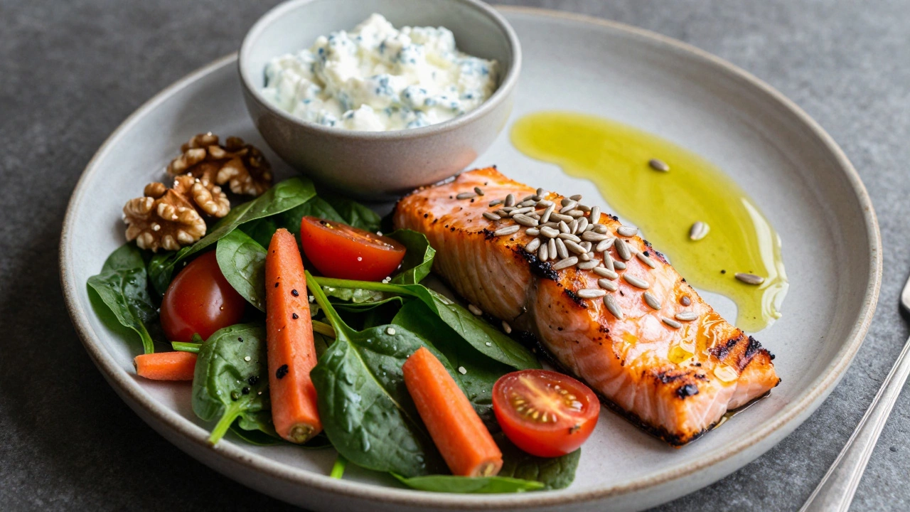 На тарелке салат из шпината с лососем, морковью и семечками, рядом кефир и грецкие орехи.