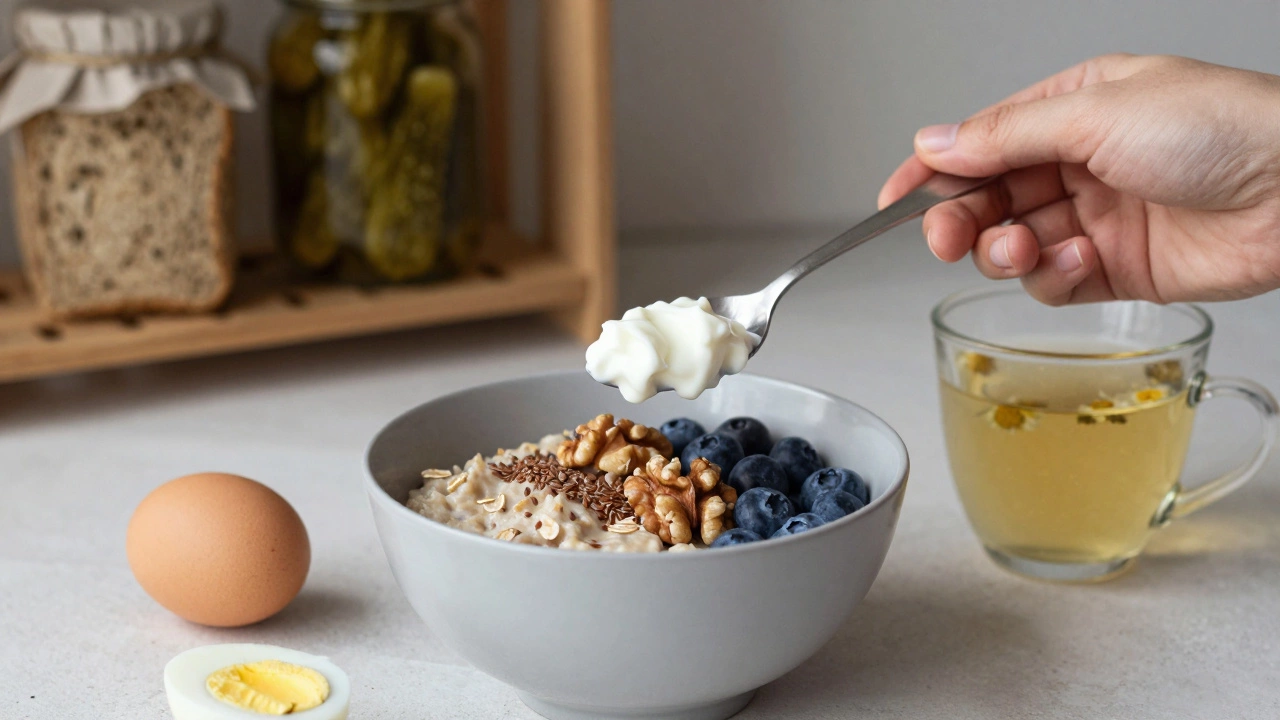 Овсянка с льняным семенем, грецкими орехами и ягодами рядом с вареным яйцом и чаем ромашки.
