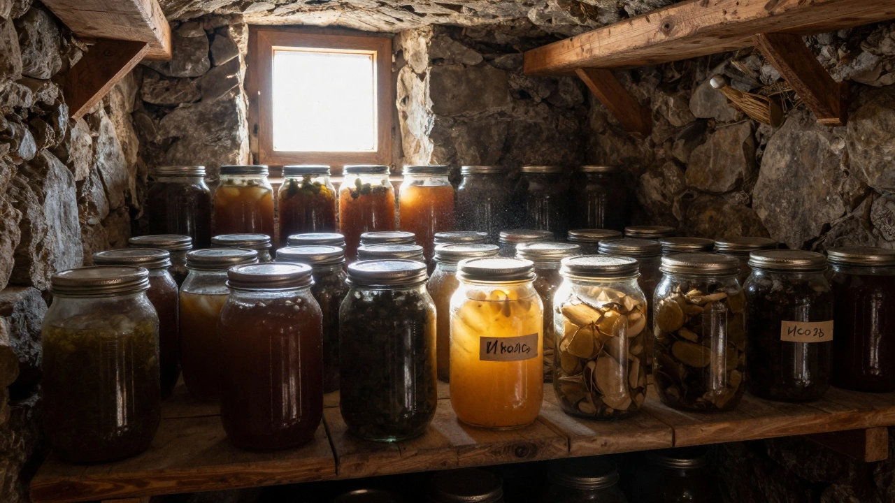 Погреб с рядами герметично запечатанных банок консервированных овощей и лучом света сверху.