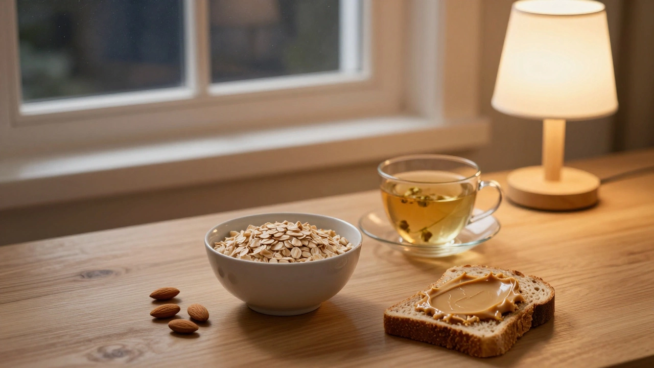 Полезная ночная закуска: овсянка, чай, миндаль и ржаной хлеб на тумбочке, спокойная атмосфера.