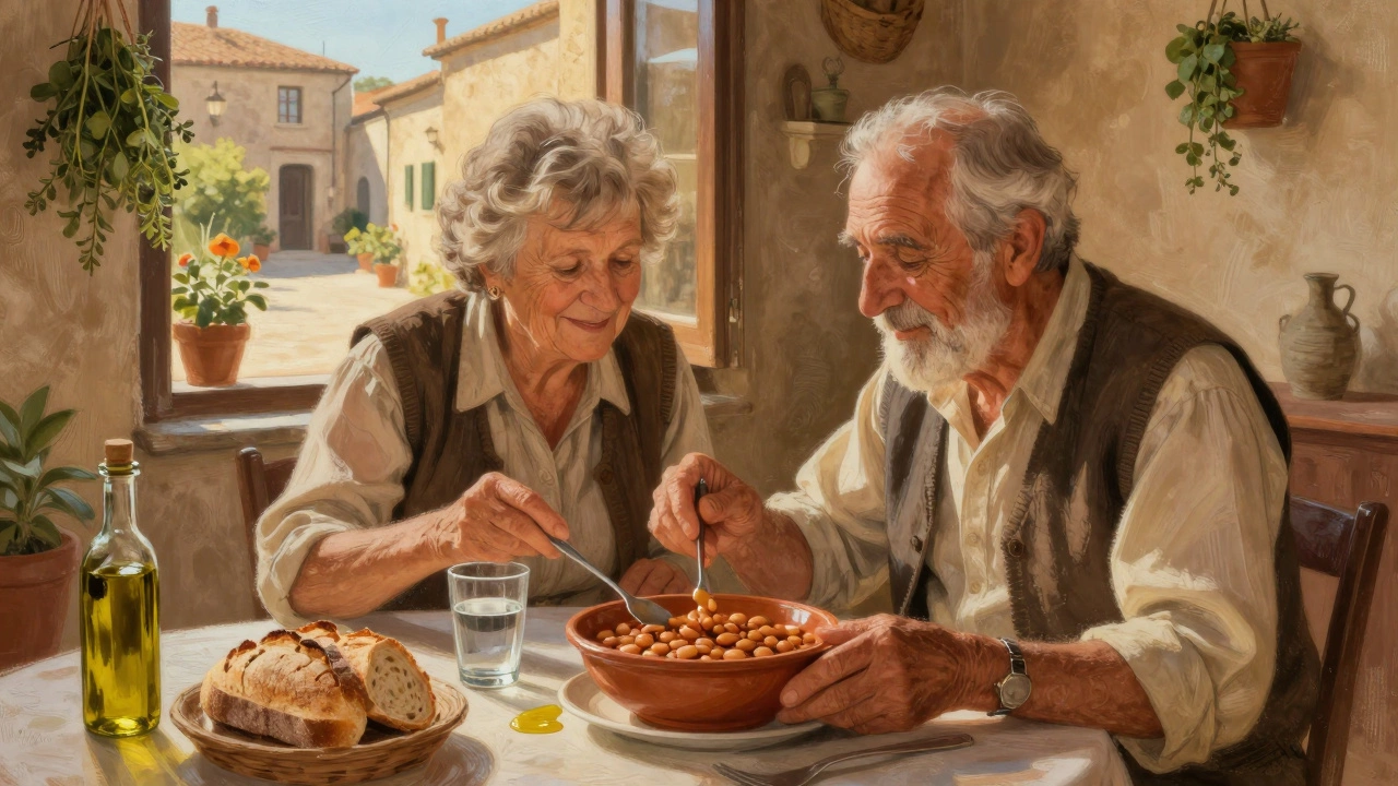 Пожилая пара ест бобы с оливковым маслом в деревенской итальянской кухне.