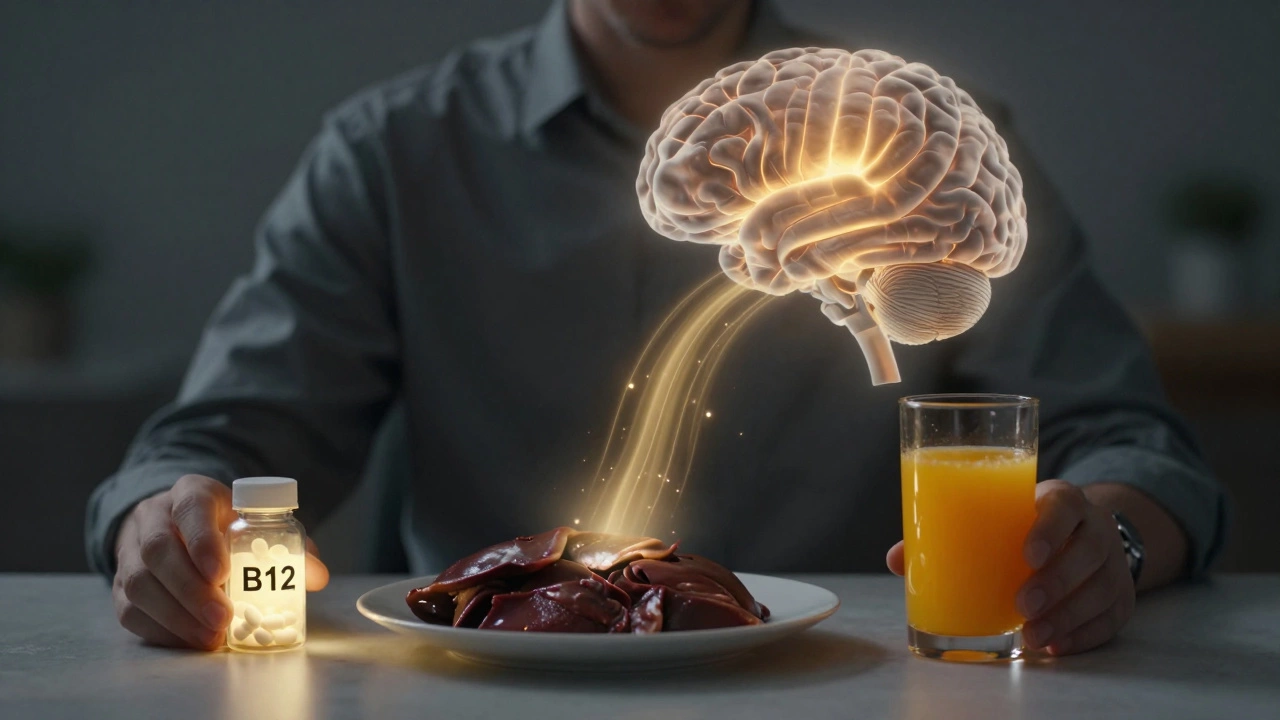 Прозрачная голова человека: тусклый мозг оживает от витамина B12, печени и апельсина.