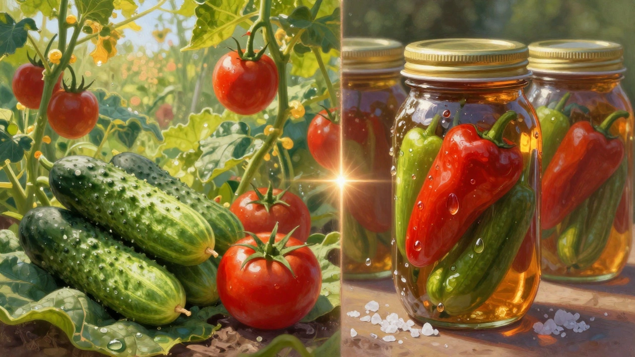Разделённая сцена: летний огород слева и консервированные овощи справа, соединённые светом.